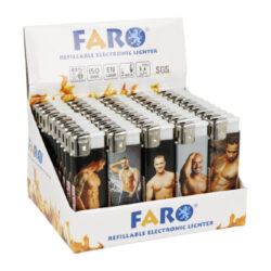 Zapalovač FARO Piezo Fitness - Plynový zapalovač FARO Piezo Fitness. Plnitelný zapalovač s nastavením intenzity plamene. Prodej pouze po celém balení (displej) 50 ks. Výška zapalovače 8 cm.